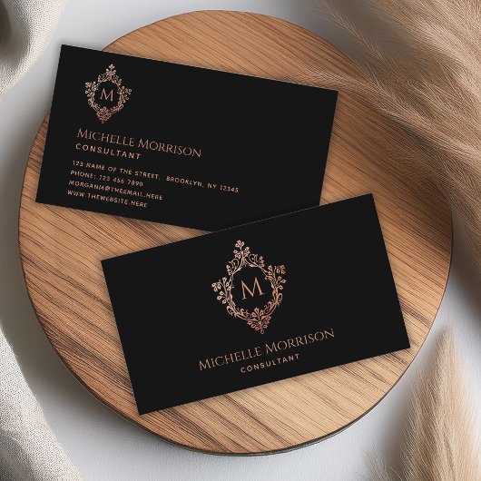 Monogram Black Rose Gold Wappen Elegant Vintag Visitenkarte