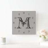 Monogram Black Script Numbers on Grey Wccn Quadratische Wanduhr (Zuhause)
