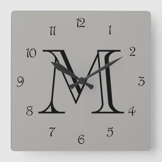 Monogram Black Script Numbers on Grey Wccn Quadratische Wanduhr (Vorderseite)