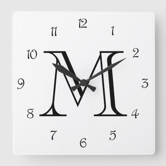 Monogram Black Script Numbers on White Wccn Quadratische Wanduhr (Vorderseite)