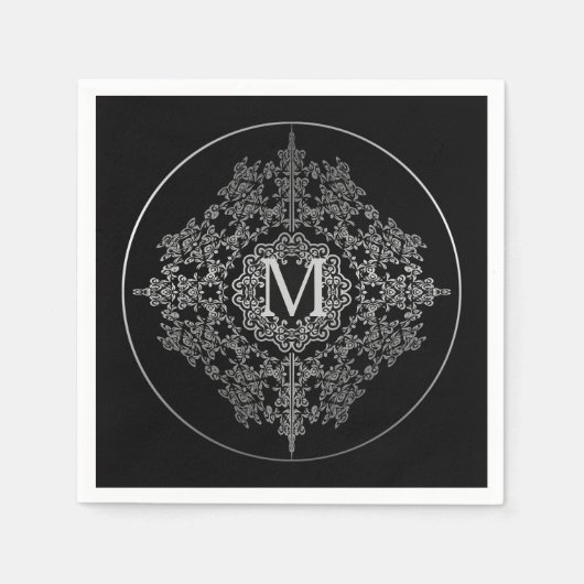 Monogram Black & Silver Filigree Motif Napkins Serviette (Vorderseite)