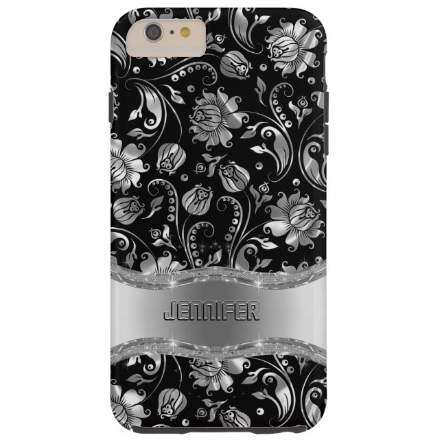 Monogram Black & Silver Floral Damask Case-Mate iPhone Hülle (Rückseite)