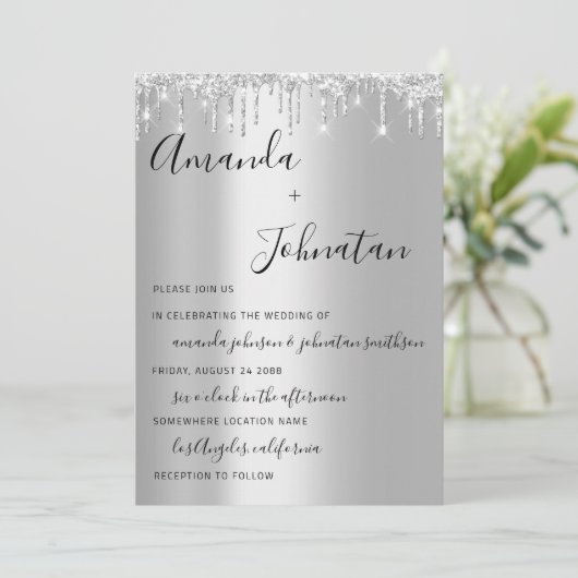 Monogram Black Silver Tropfens Gray Spark Einladung (Stehend Vorderseite)