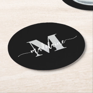 Monogram Black Silver White Personal Runder Pappuntersetzer