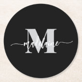 Monogram Black Silver White Personal Runder Pappuntersetzer (Vorderseite)