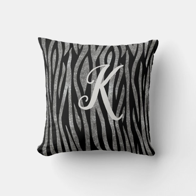 Monogram Black und Silver Glitzer Zebra Print Kissen (Vorderseite)