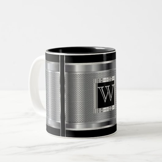 Monogram Black und Silver Steel Metal Mesh Zweifarbige Tasse (Vorderseite Links)