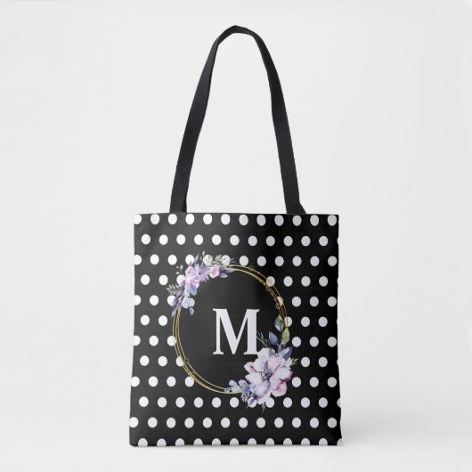 Monogram Black Vintag Blume Polka Dots Tasche (Vorderseite)