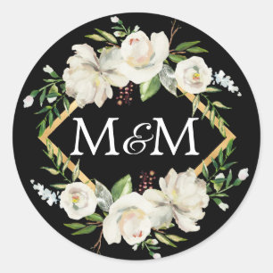 Monogram Black Watercolor White Floral Wedding Runder Aufkleber