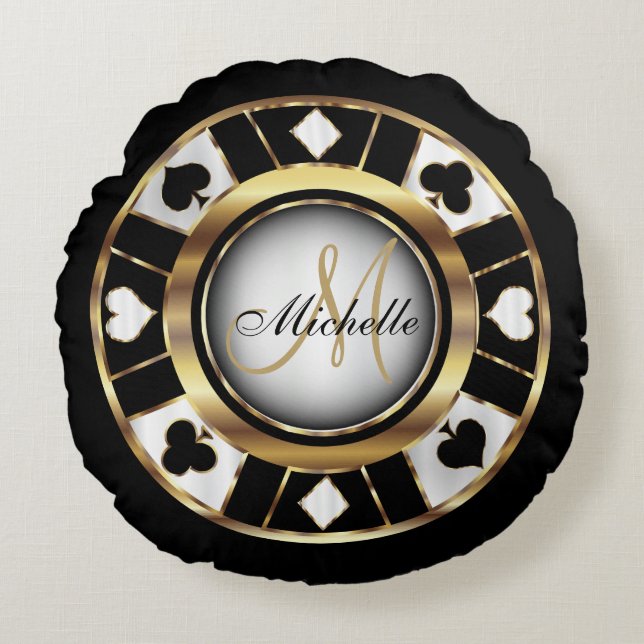 Monogram Black, White and Gold Poker Chip Rundes Kissen (Vorderseite)