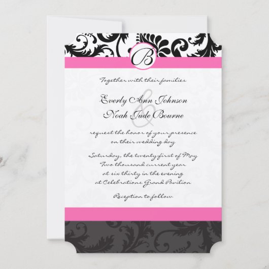 Monogram Black & White Damask Pink Trial Einladung (Vorderseite)