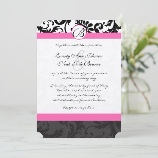 Monogram Black & White Damask Pink Trial Einladung (Stehend Vorderseite)