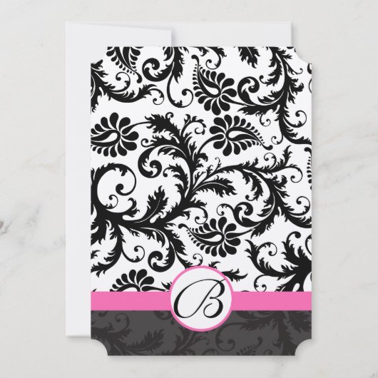 Monogram Black & White Damask Pink Trial Einladung (Rückseite)