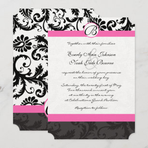 Monogram Black & White Damask Pink Trial Einladung