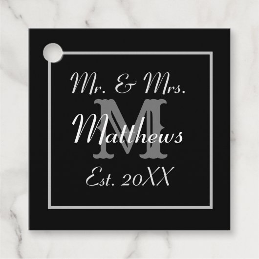 Monogram Black & White Est Hochzeit Geschenkanhänger (Vorderseite)