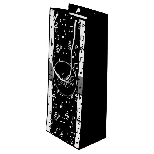 Monogram Black & White Musical Stripes Weinbeutel Geschenktüte Für Weinflaschen (Rückseite Schrägansicht)