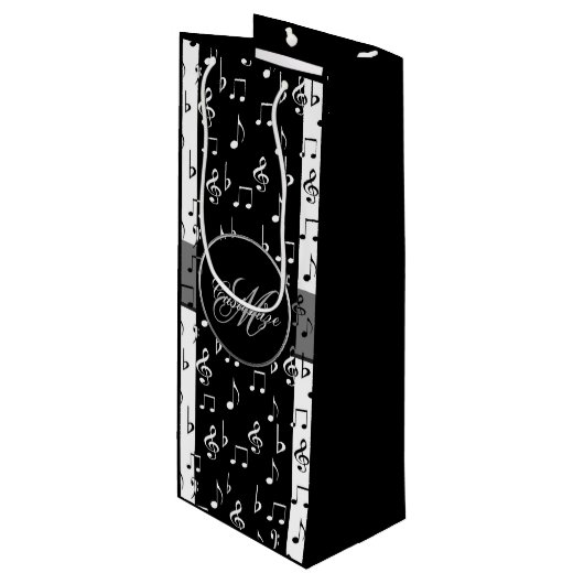 Monogram Black & White Musical Stripes Weinbeutel Geschenktüte Für Weinflaschen (Vorderseite Schrägansicht)
