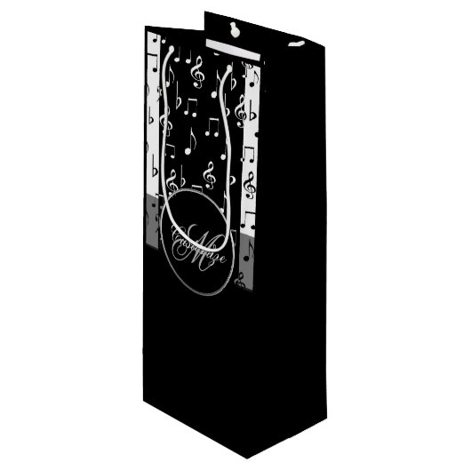 Monogram Black & White Musical Stripes Weinbeutel Geschenktüte Für Weinflaschen (Vorderseite Schrägansicht)