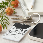 Monogram Black & White Original Stipple Art Floral Schlüsselanhänger (Vorderseite rechts)