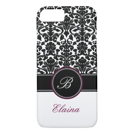 Monogram Black, White, Plum Damask iPhone 7 Case (Rückseite)