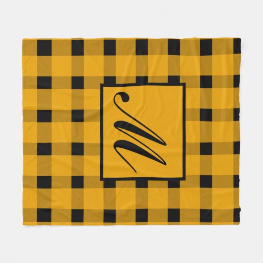 Monogram Black Yellow Gingham Pattern Fleecedecke (Vorderseite (Horizontal))