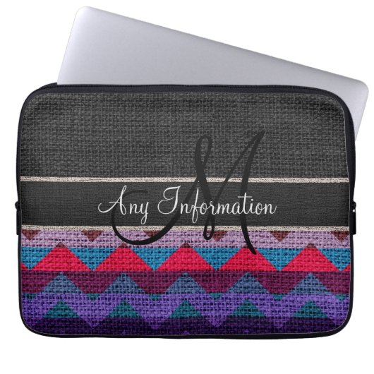 Monogram Black Zickzack Zigzag Burlap Jute Laptopschutzhülle (Vorderseite)