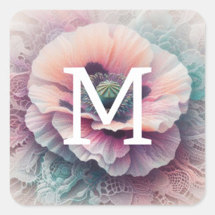Monogram, bläserne pinkfarbene pastellfarbene Blum Quadratischer Aufkleber