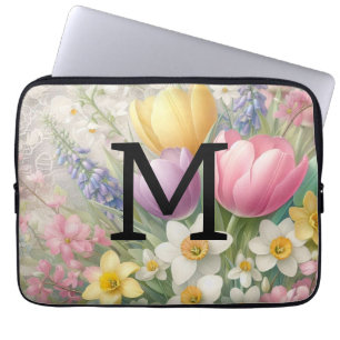 Monogram, bläserpastellfarbene Pink-Tulips Laptopschutzhülle
