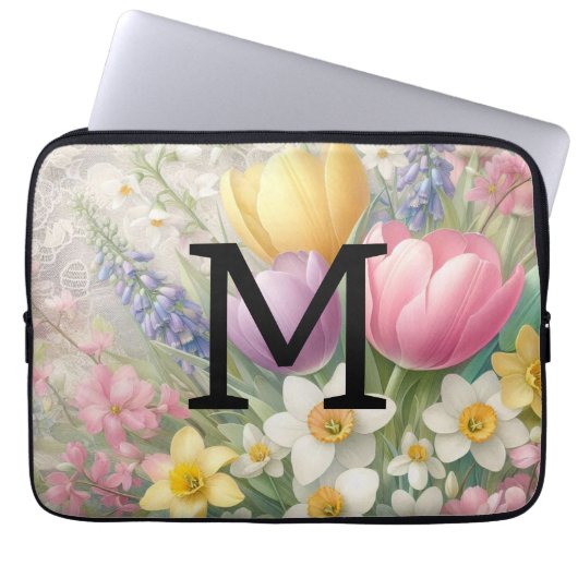 Monogram, bläserpastellfarbene Pink-Tulips Laptopschutzhülle (Vorderseite)