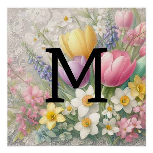 Monogram, bläserpastellfarbene Pink-Tulips Poster (Vorderseite)