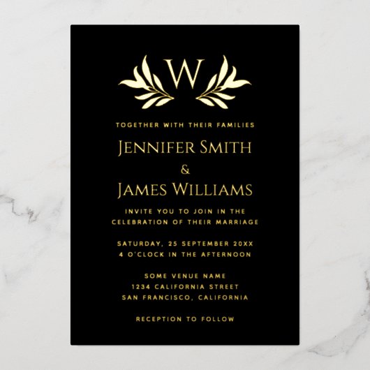 Monogram Blätter Simple Elegant Black Gold Wedding Folieneinladung (Vorderseite)