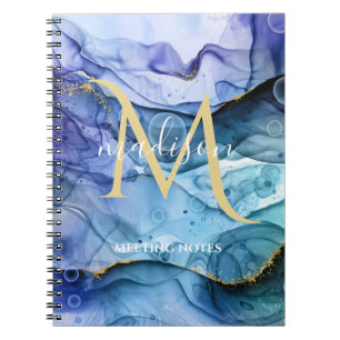 Monogram Blau & Gold Fluid Alkohol Tinte Abstract Notizblock