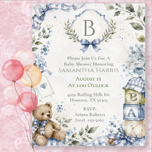 Monogram Blau Jungen Baby Shower Einladung