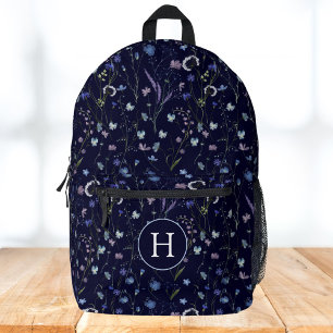 Monogram Blau Lila Hübsche Wildblumen Floral Bedruckter Rucksack