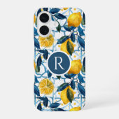 Monogram Blau Mittelmeer Stil Zitronen Muster iPhone 16 Hülle (Rückseite)