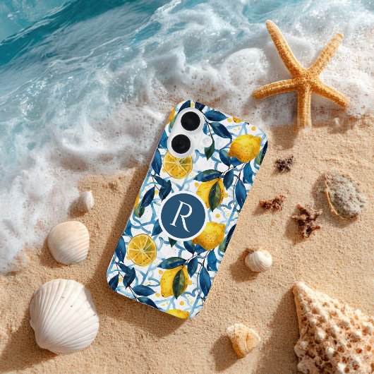 Monogram Blau Mittelmeer Stil Zitronen Muster iPhone 16 Hülle