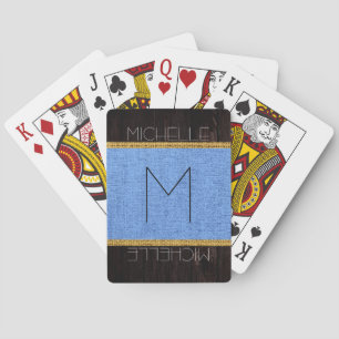 Monogram Blau Rustikaler Jute Holz Optik Spielkarten