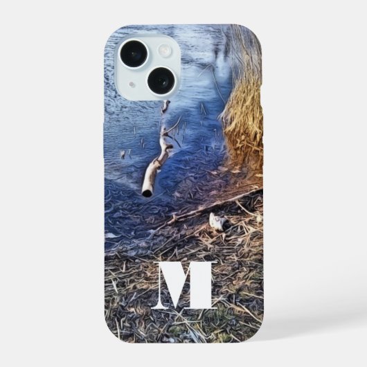 Monogram Blau Seeblick iPhone 15 Hülle (Rückseite)