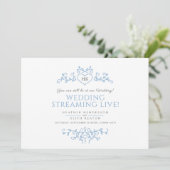Monogram-blaue Blätter HochzeitLive-Stream Ankündigung (Stehend Vorderseite)