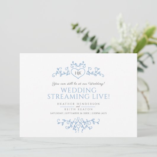 Monogram-blaue Blätter HochzeitLive-Stream Ankündigung (Stehend Vorderseite)