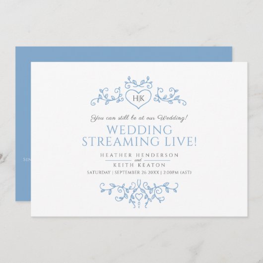 Monogram-blaue Blätter HochzeitLive-Stream Ankündigung (Vorne/Hinten)