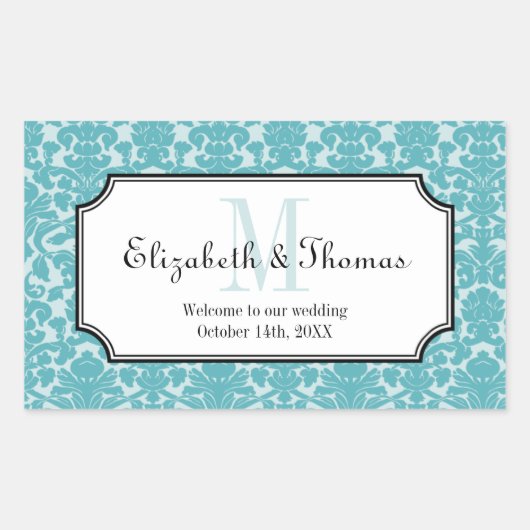 Monogram blauer Damastrahmen aus Stadtgeschenktasc Rechteckiger Aufkleber (Vorderseite)