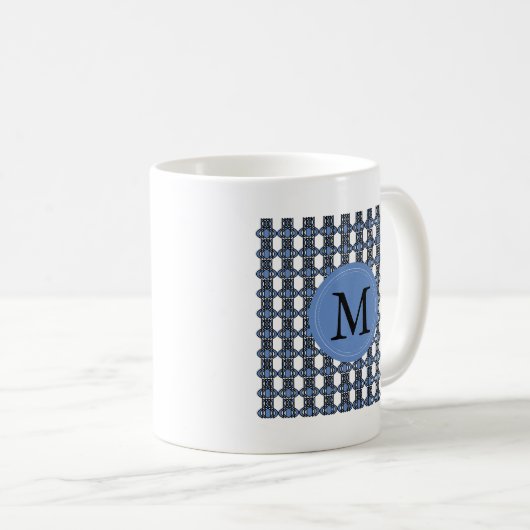 Monogram Blue Abstrakt Scarab Muster Kaffeetasse (VorderseiteRechts)