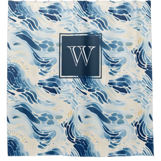 Monogram Blue Abstrakt Waves Beach Pattern Dusche Duschvorhang (Vorderseite)