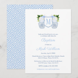 Monogram Blue and White Baby Boy Christening Einladung