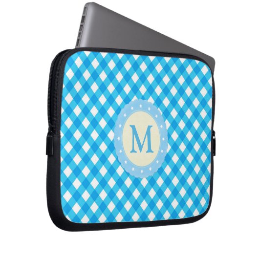 Monogram Blue and White Gingham Pattern Laptopschutzhülle (Vorne Rechts)