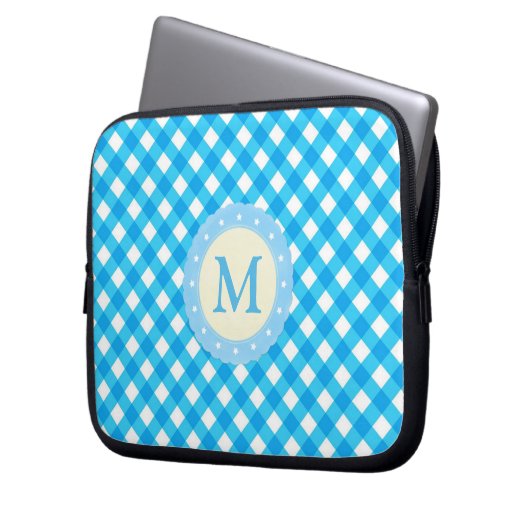 Monogram Blue and White Gingham Pattern Laptopschutzhülle (Vorderseite Links)