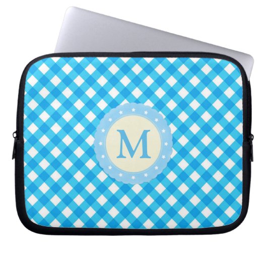 Monogram Blue and White Gingham Pattern Laptopschutzhülle (Vorderseite)