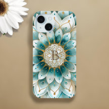 Monogram Blue Aquamarin Gold Floral Mandala