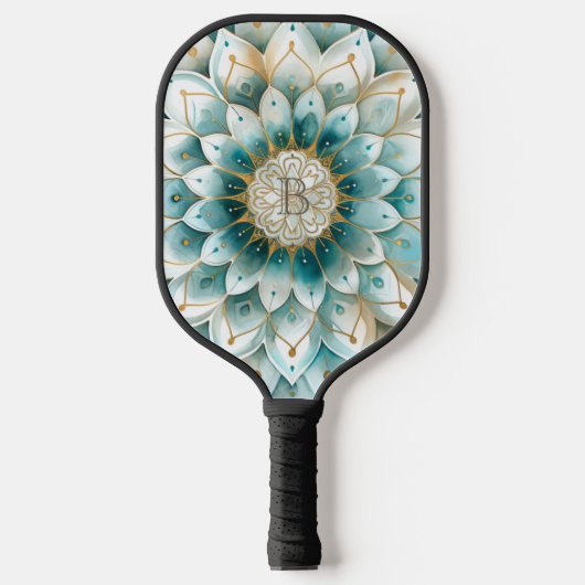Monogram Blue Aquamarin Gold Floral Mandala Pickleball Schläger (Vorderseite)